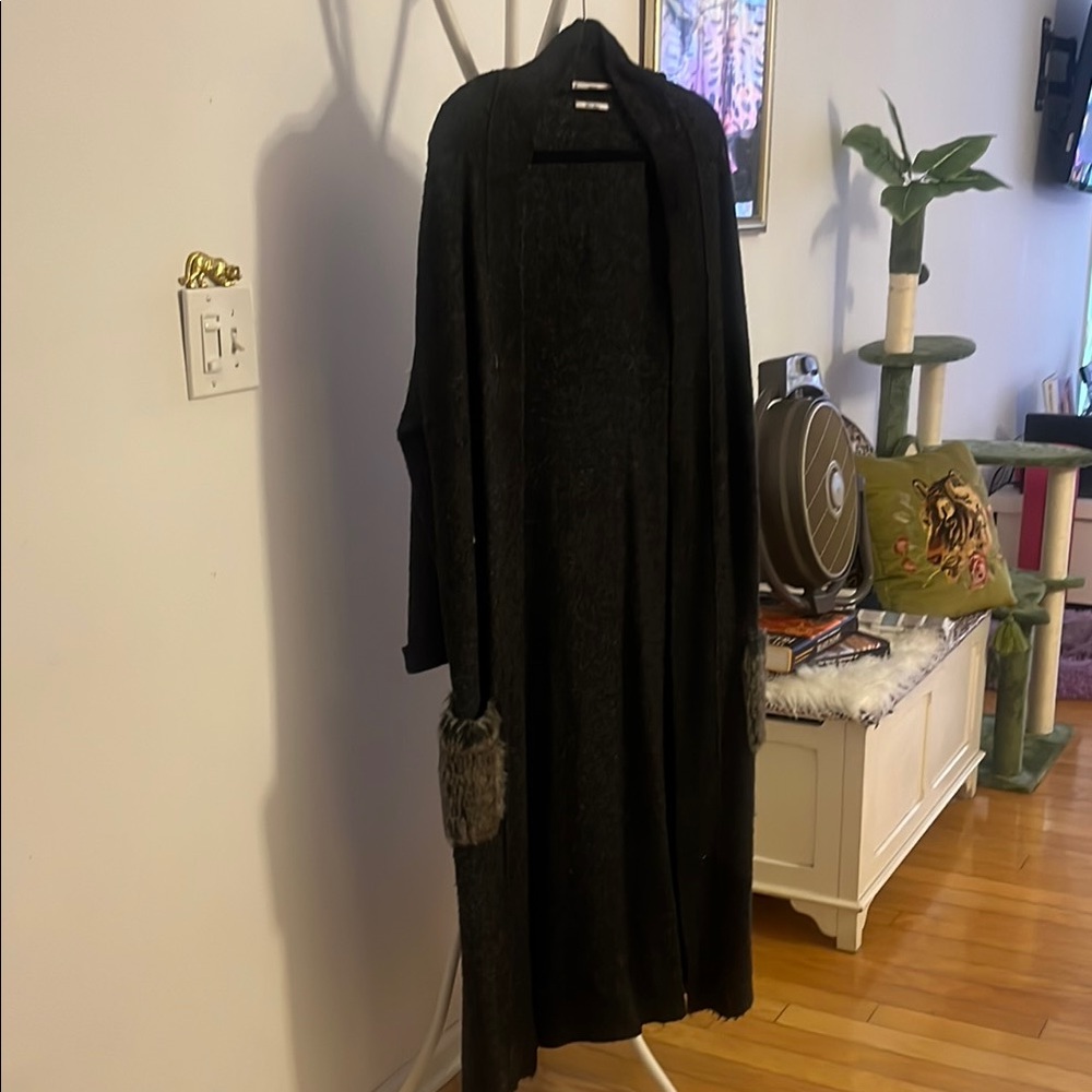 Mango Grey Long Cardigan with Fur Pockets